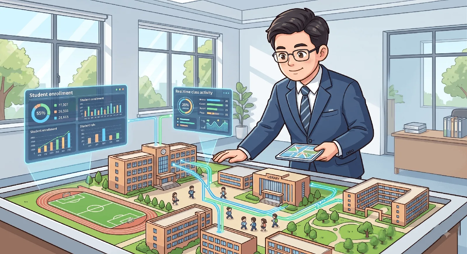 统一管理场景插图:学习者俯瞰校园全局